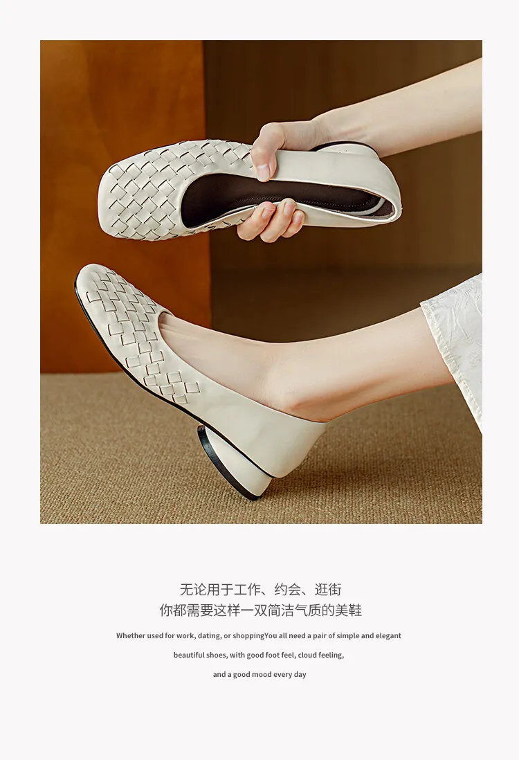 Autumn square-toe low-cut chunky heel slip-on shoes, solid color cowhide, 7-9k