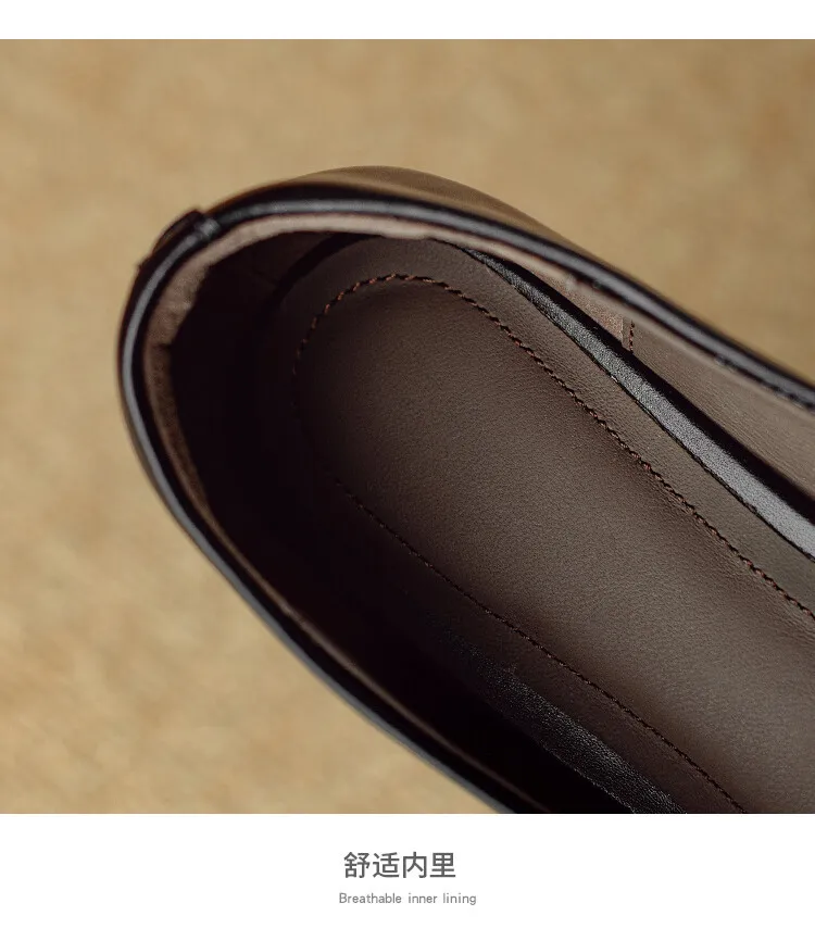 Autumn square-toe low-cut chunky heel slip-on shoes, solid color cowhide, 7-9k