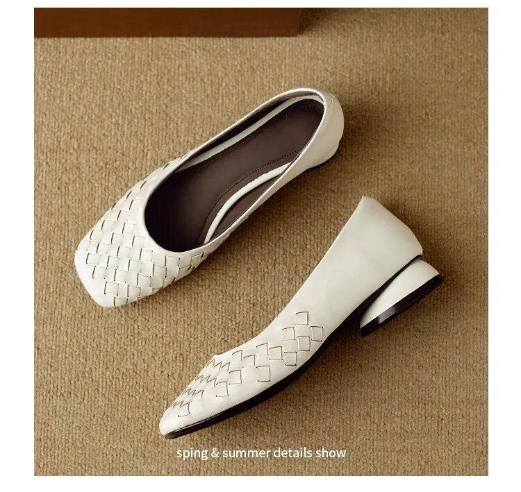 Autumn square-toe low-cut chunky heel slip-on shoes, solid color cowhide, 7-9k