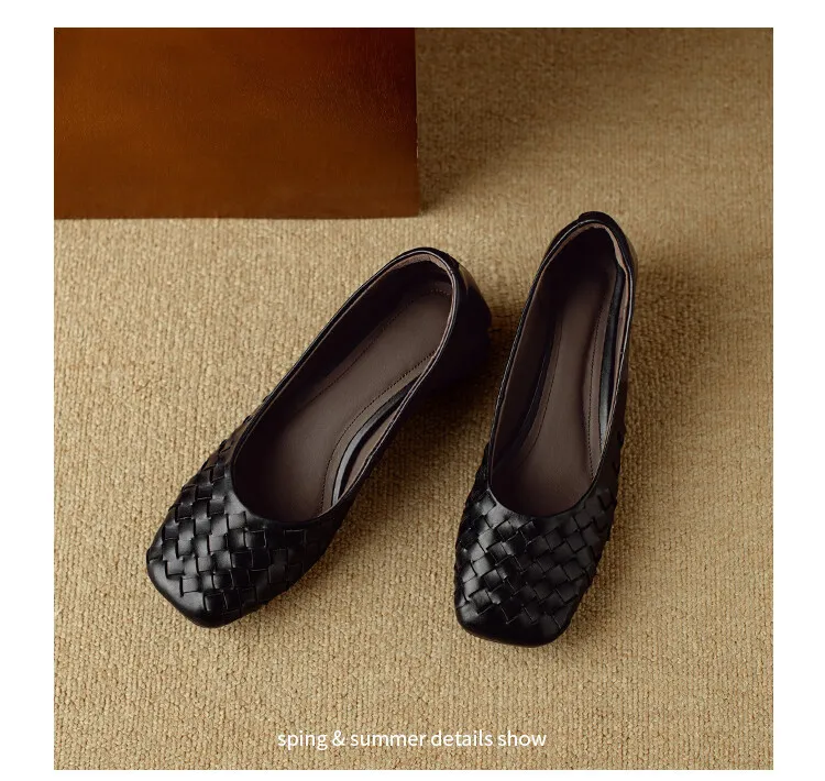 Autumn square-toe low-cut chunky heel slip-on shoes, solid color cowhide, 7-9k