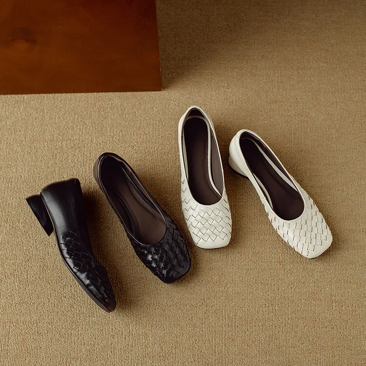 Autumn square-toe low-cut chunky heel slip-on shoes, solid color cowhide, 7-9k