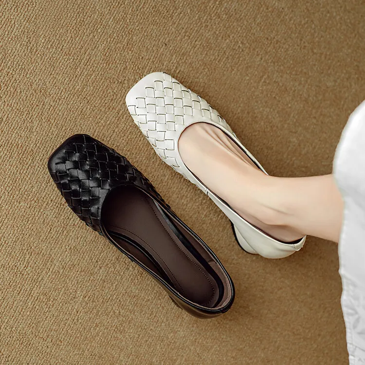 Autumn square-toe low-cut chunky heel slip-on shoes, solid color cowhide, 7-9k
