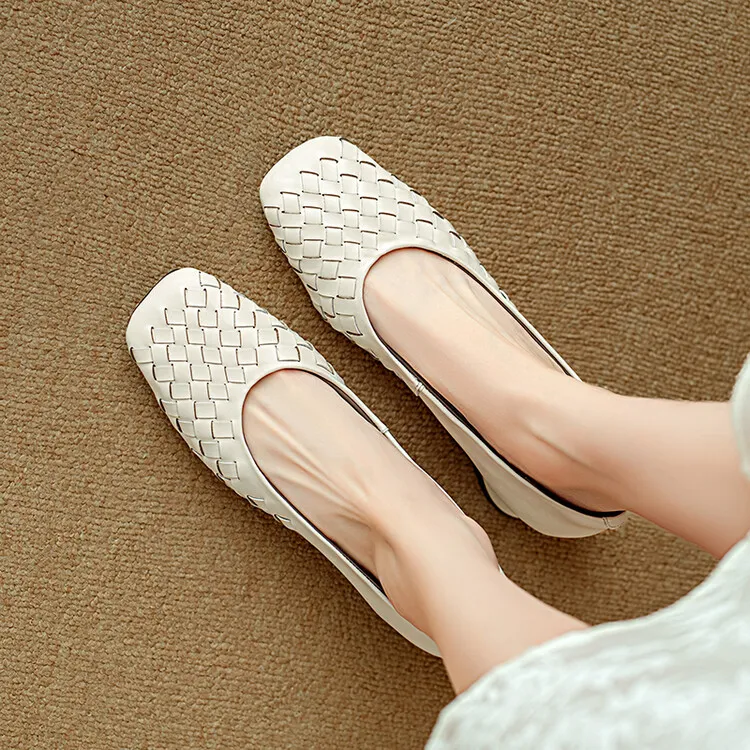 Autumn square-toe low-cut chunky heel slip-on shoes, solid color cowhide, 7-9k