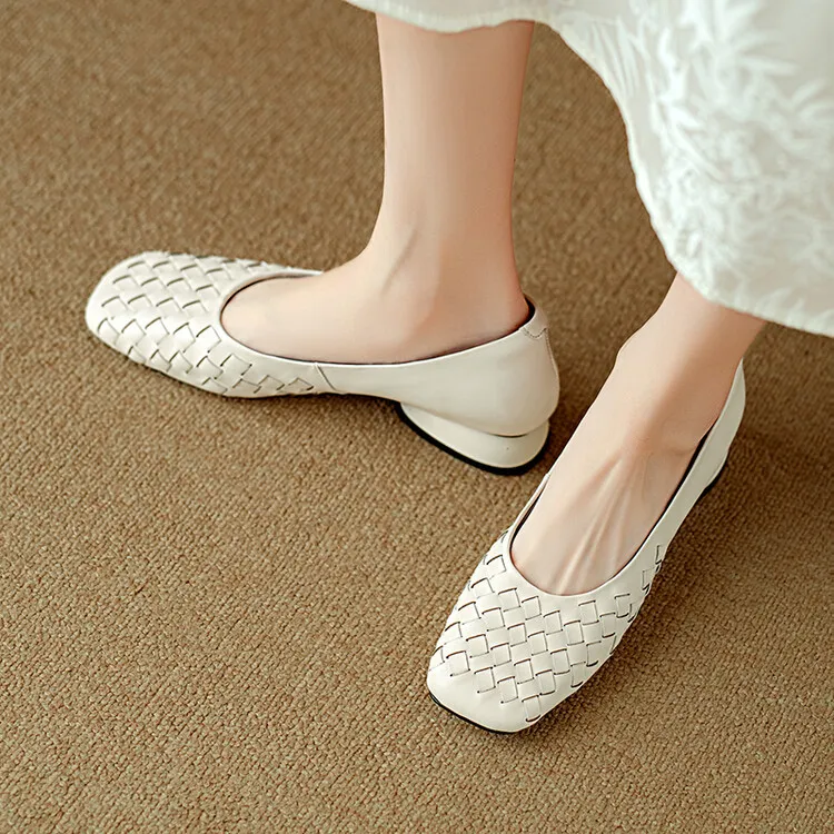 Autumn square-toe low-cut chunky heel slip-on shoes, solid color cowhide, 7-9k
