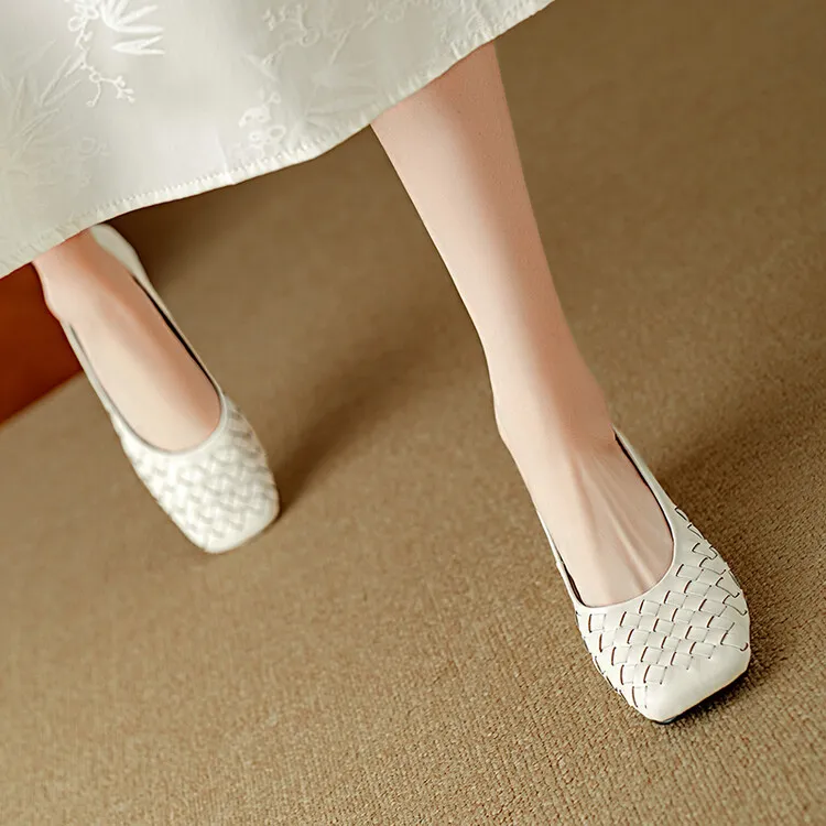 Autumn square-toe low-cut chunky heel slip-on shoes, solid color cowhide, 7-9k
