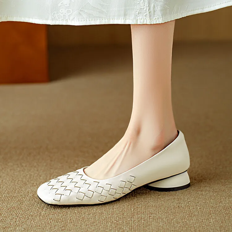Autumn square-toe low-cut chunky heel slip-on shoes, solid color cowhide, 7-9k
