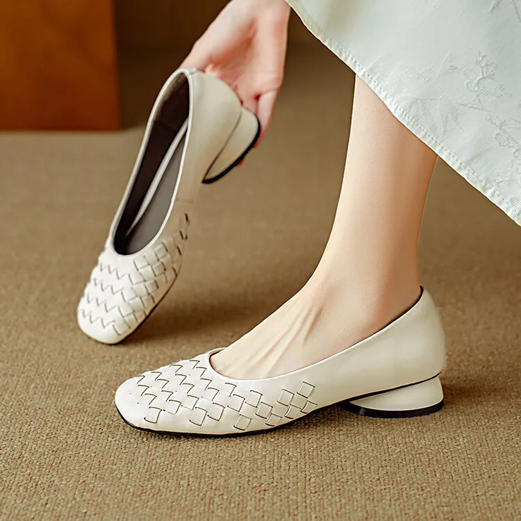 Autumn square-toe low-cut chunky heel slip-on shoes, solid color cowhide, 7-9k