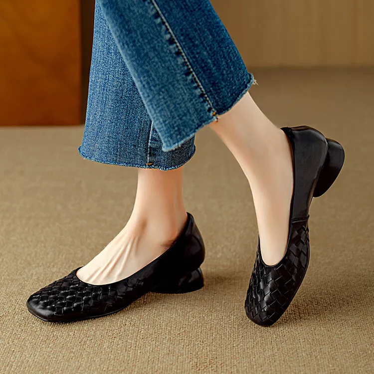 Autumn square-toe low-cut chunky heel slip-on shoes, solid color cowhide, 7-9k