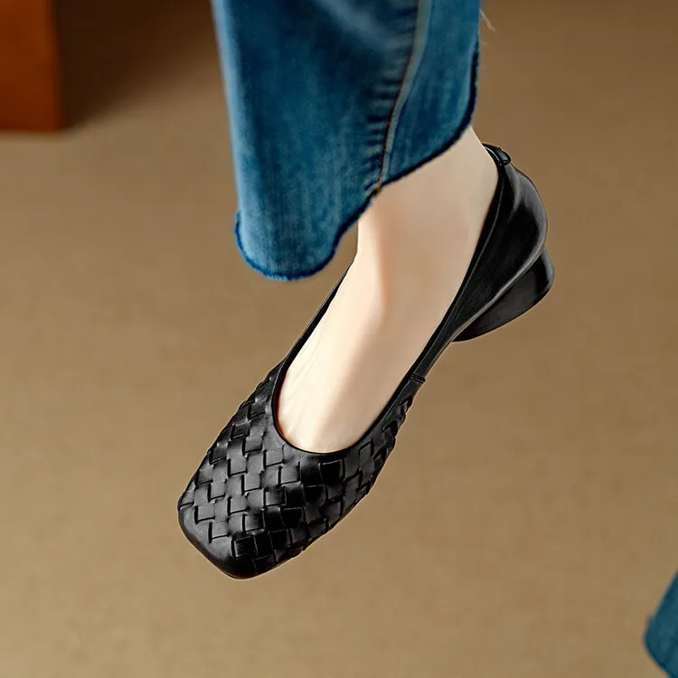 Autumn square-toe low-cut chunky heel slip-on shoes, solid color cowhide, 7-9k