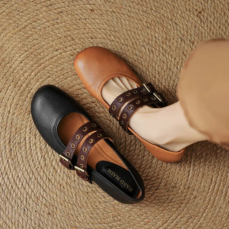 Women's Spring and Autumn Shallow-Mouth Ballet Flats with Straps, Mary Jane Leather, Round Toe, Flat Shoes, 7-9t