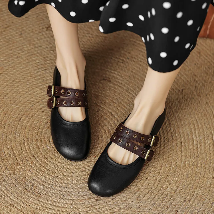 Women's Spring and Autumn Shallow-Mouth Ballet Flats with Straps, Mary Jane Leather, Round Toe, Flat Shoes, 7-9t