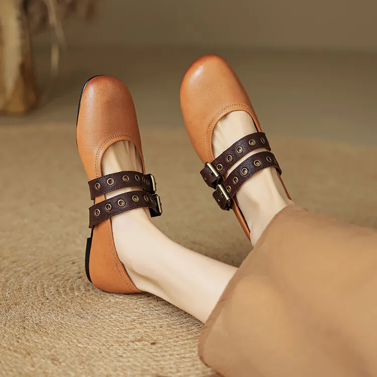 Women's Spring and Autumn Shallow-Mouth Ballet Flats with Straps, Mary Jane Leather, Round Toe, Flat Shoes, 7-9t