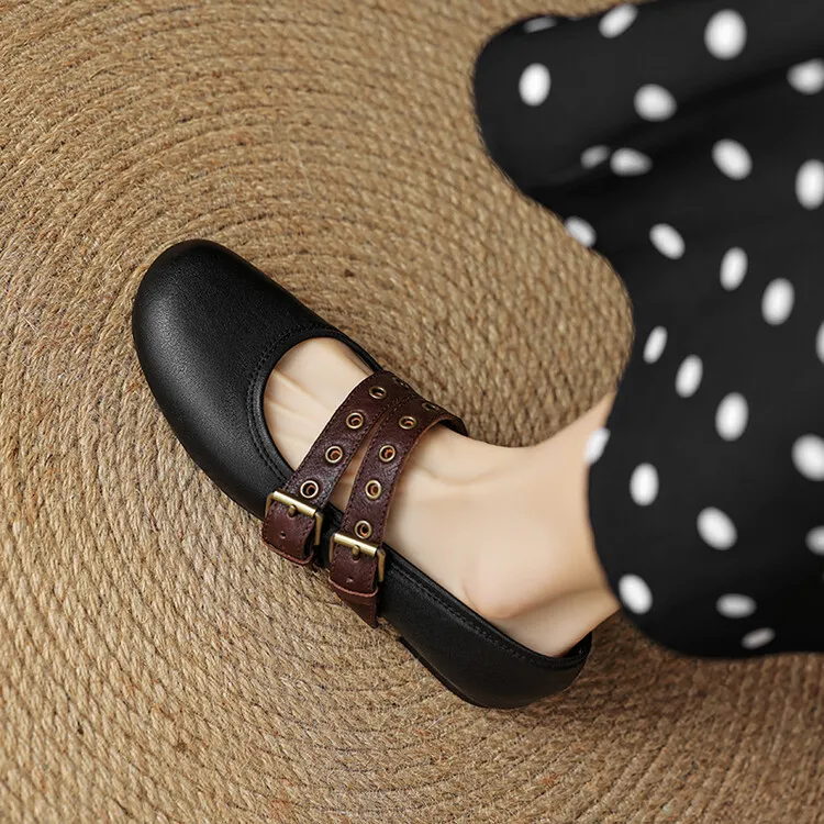Women's Spring and Autumn Shallow-Mouth Ballet Flats with Straps, Mary Jane Leather, Round Toe, Flat Shoes, 7-9t
