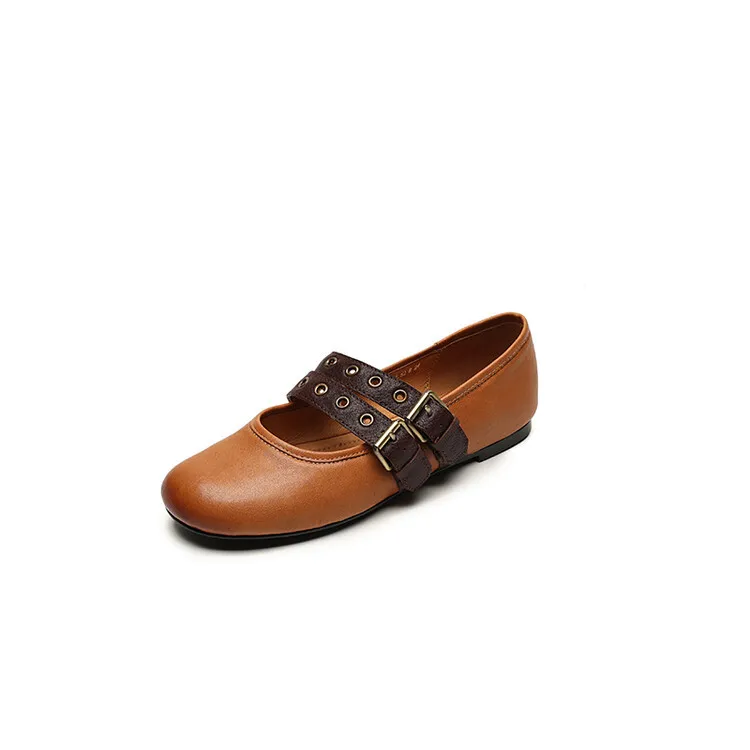 Women's Spring and Autumn Shallow-Mouth Ballet Flats with Straps, Mary Jane Leather, Round Toe, Flat Shoes, 7-9t