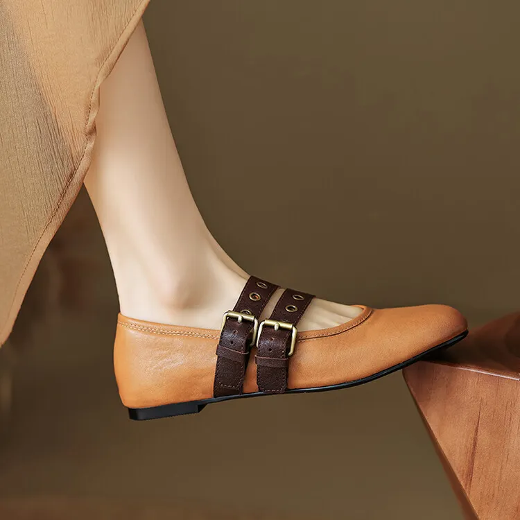 Women's Spring and Autumn Shallow-Mouth Ballet Flats with Straps, Mary Jane Leather, Round Toe, Flat Shoes, 7-9t