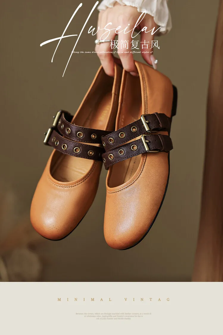 Women's Spring and Autumn Shallow-Mouth Ballet Flats with Straps, Mary Jane Leather, Round Toe, Flat Shoes, 7-9t