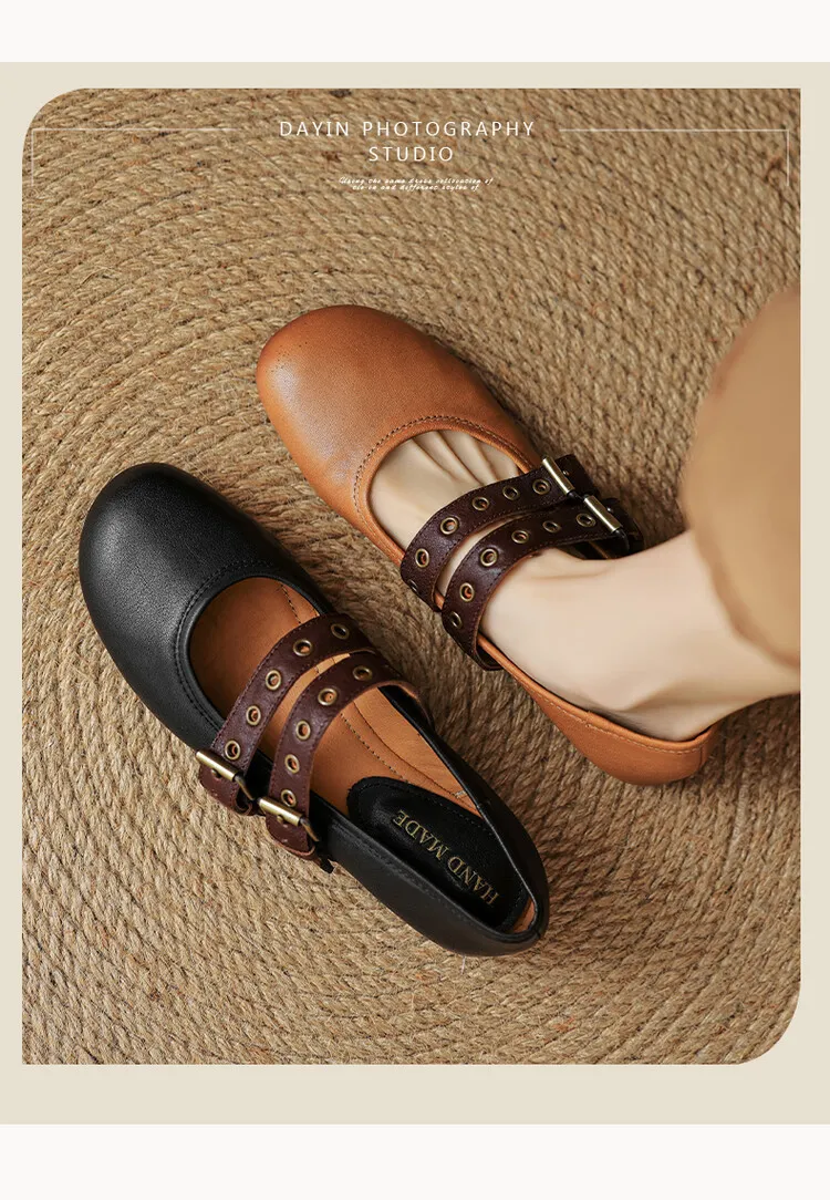 Women's Spring and Autumn Shallow-Mouth Ballet Flats with Straps, Mary Jane Leather, Round Toe, Flat Shoes, 7-9t