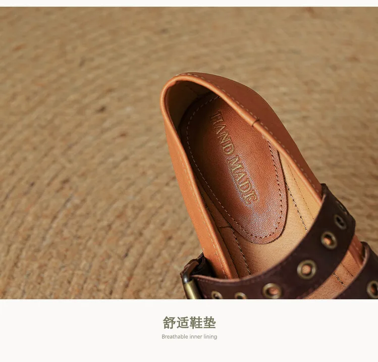 Women's Spring and Autumn Shallow-Mouth Ballet Flats with Straps, Mary Jane Leather, Round Toe, Flat Shoes, 7-9t