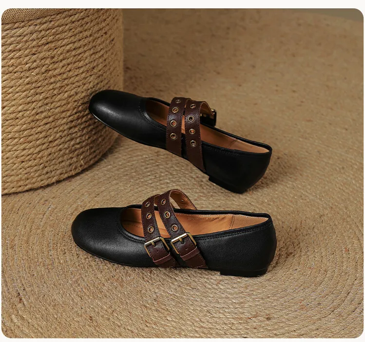 Women's Spring and Autumn Shallow-Mouth Ballet Flats with Straps, Mary Jane Leather, Round Toe, Flat Shoes, 7-9t