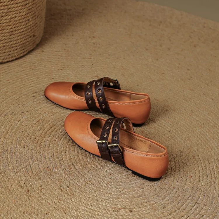 Women's Spring and Autumn Shallow-Mouth Ballet Flats with Straps, Mary Jane Leather, Round Toe, Flat Shoes, 7-9t