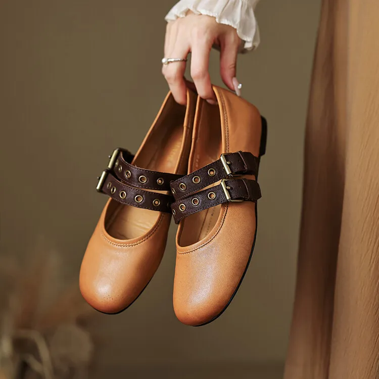 Women's Spring and Autumn Shallow-Mouth Ballet Flats with Straps, Mary Jane Leather, Round Toe, Flat Shoes, 7-9t