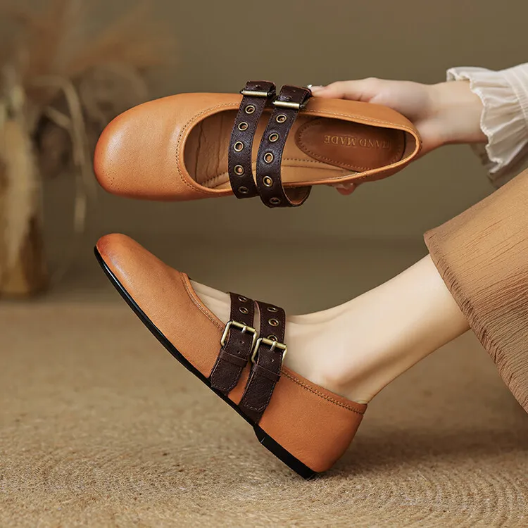 Women's Spring and Autumn Shallow-Mouth Ballet Flats with Straps, Mary Jane Leather, Round Toe, Flat Shoes, 7-9t