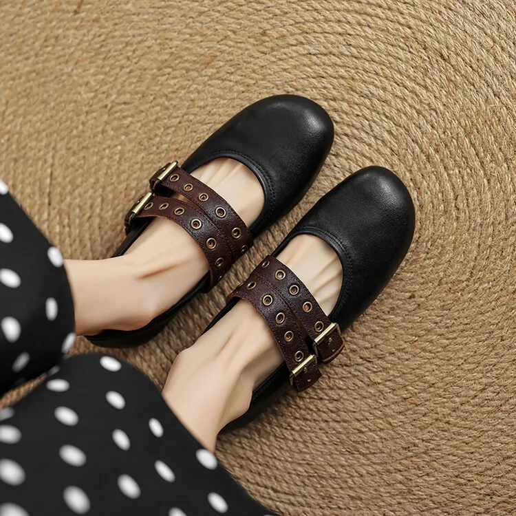 Women's Spring and Autumn Shallow-Mouth Ballet Flats with Straps, Mary Jane Leather, Round Toe, Flat Shoes, 7-9t