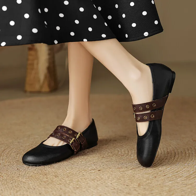 Women's Spring and Autumn Shallow-Mouth Ballet Flats with Straps, Mary Jane Leather, Round Toe, Flat Shoes, 7-9t
