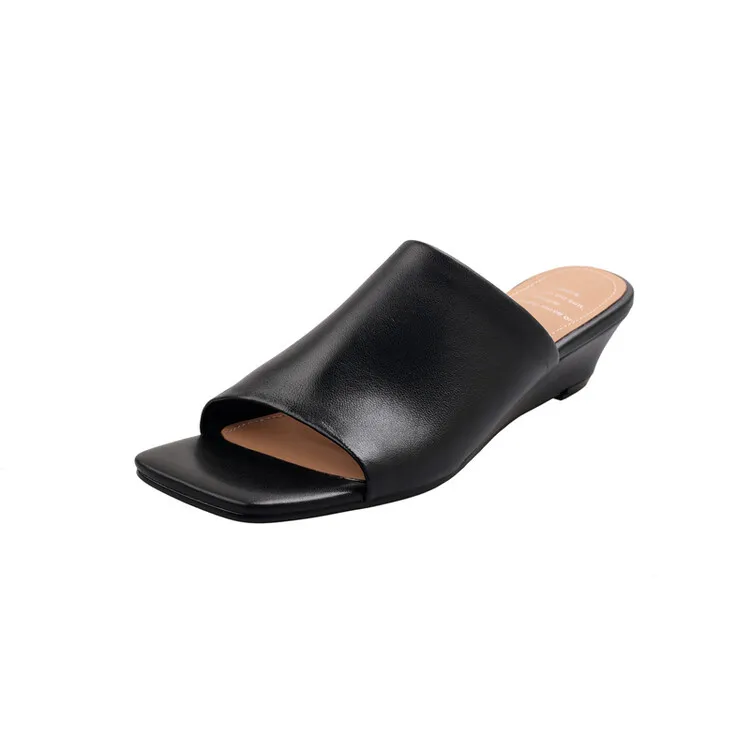 Soft, top-grain sheepskin, all-leather, summer sandals for women, square toe, simple and stylish wedge heel.