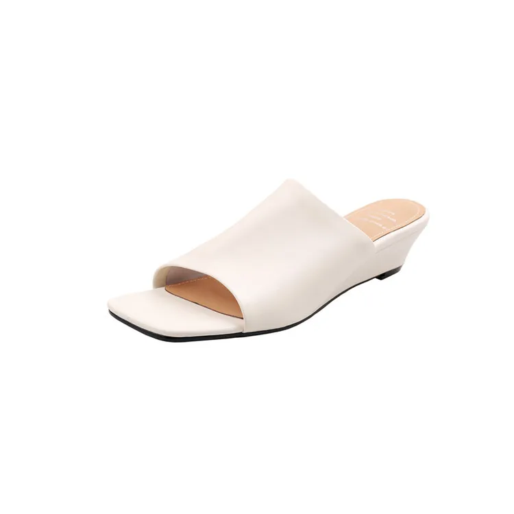 Soft, top-grain sheepskin, all-leather, summer sandals for women, square toe, simple and stylish wedge heel.