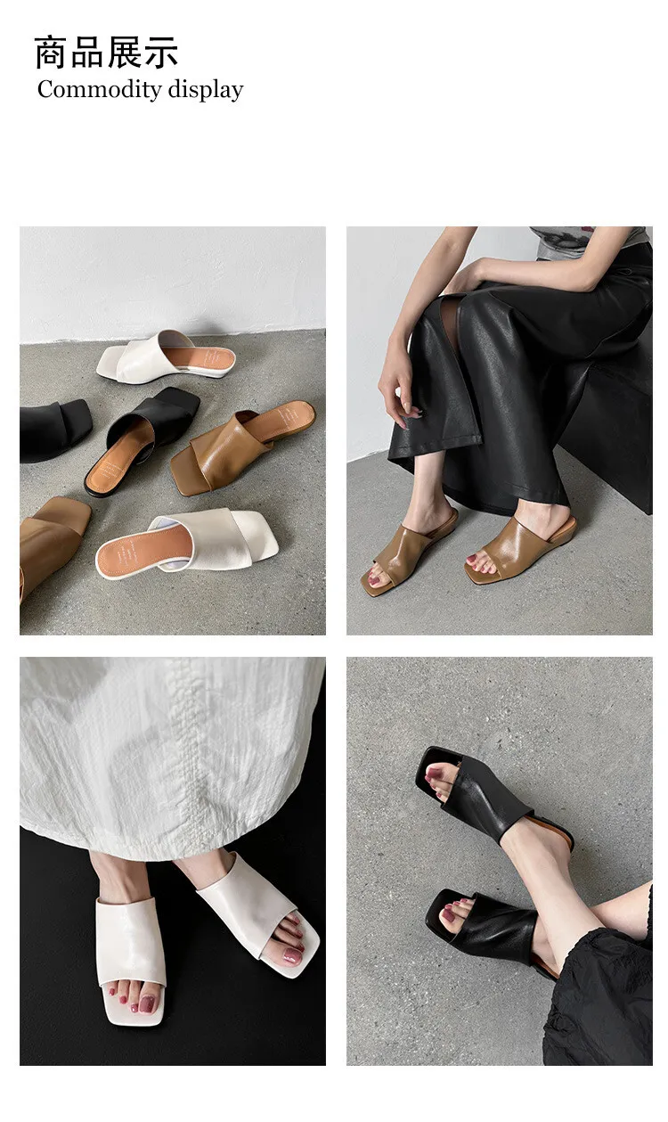 Soft, top-grain sheepskin, all-leather, summer sandals for women, square toe, simple and stylish wedge heel.