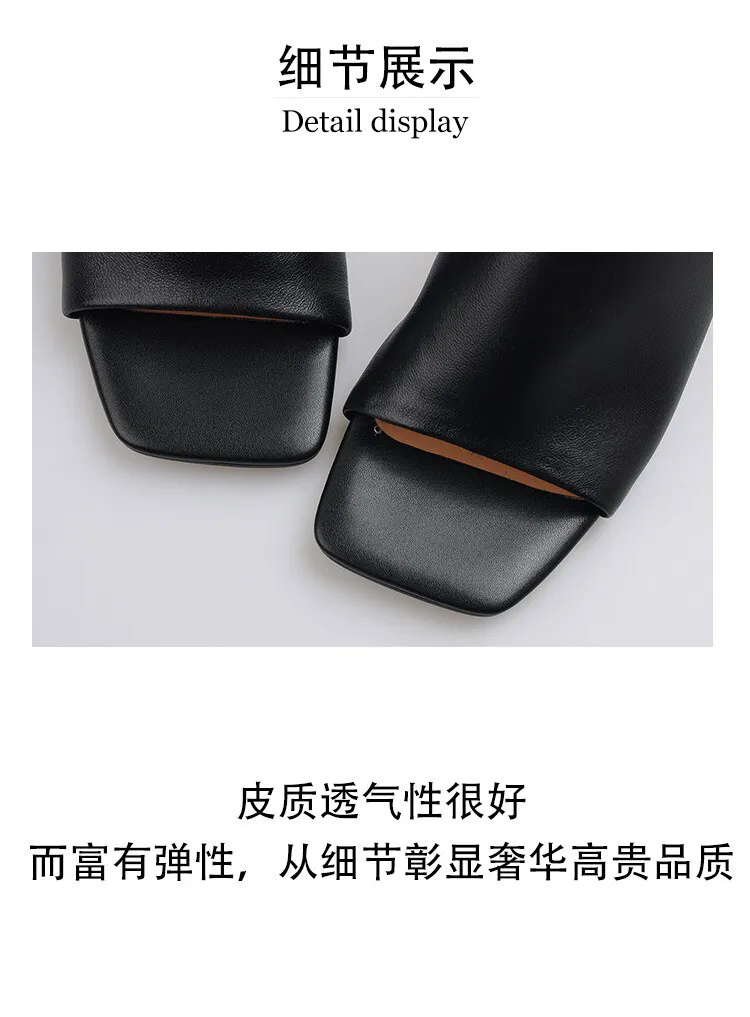 Soft, top-grain sheepskin, all-leather, summer sandals for women, square toe, simple and stylish wedge heel.