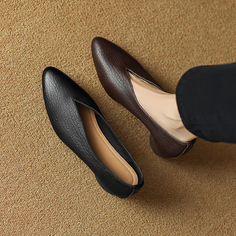 Women's soft leather, soft-soled granny shoes, retro solid color, minimalist chunky heel, low-cut work shoes, commuter slip-on shoes, sizes 7-16