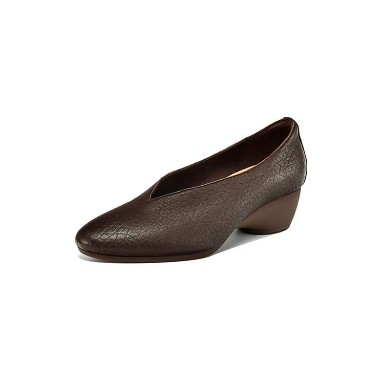 Women's soft leather, soft-soled granny shoes, retro solid color, minimalist chunky heel, low-cut work shoes, commuter slip-on shoes, sizes 7-16