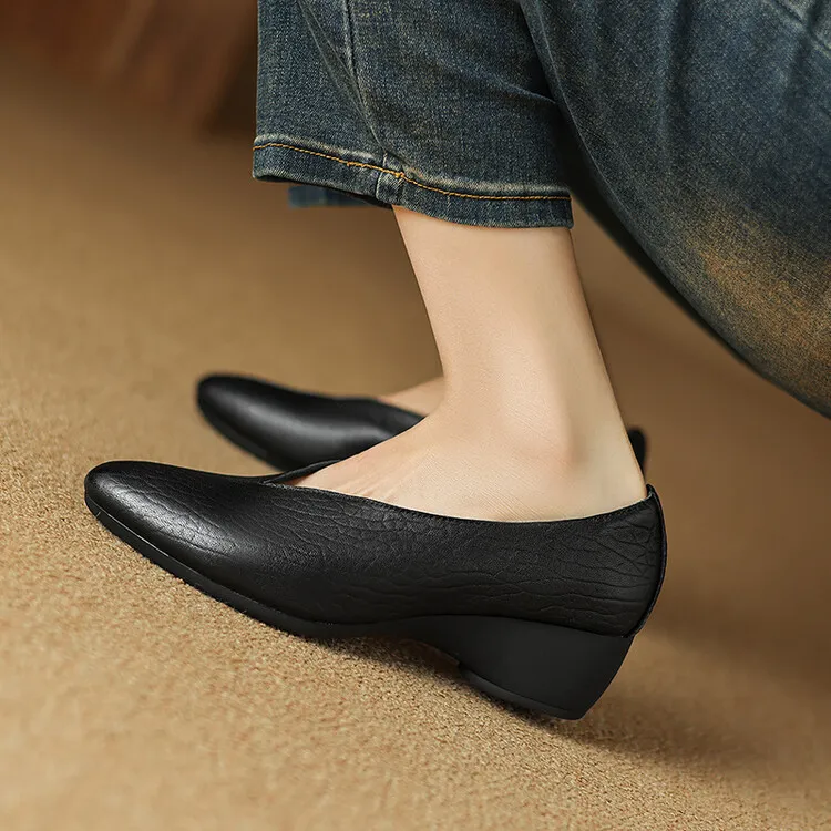 Women's soft leather, soft-soled granny shoes, retro solid color, minimalist chunky heel, low-cut work shoes, commuter slip-on shoes, sizes 7-16