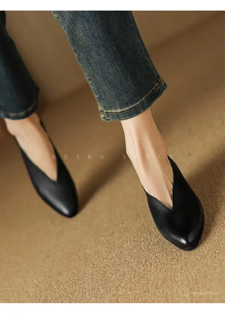 Women's soft leather, soft-soled granny shoes, retro solid color, minimalist chunky heel, low-cut work shoes, commuter slip-on shoes, sizes 7-16