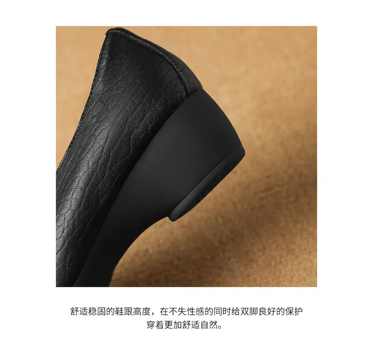 Women's soft leather, soft-soled granny shoes, retro solid color, minimalist chunky heel, low-cut work shoes, commuter slip-on shoes, sizes 7-16