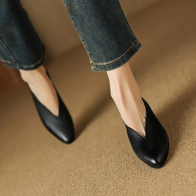 Women's soft leather, soft-soled granny shoes, retro solid color, minimalist chunky heel, low-cut work shoes, commuter slip-on shoes, sizes 7-16
