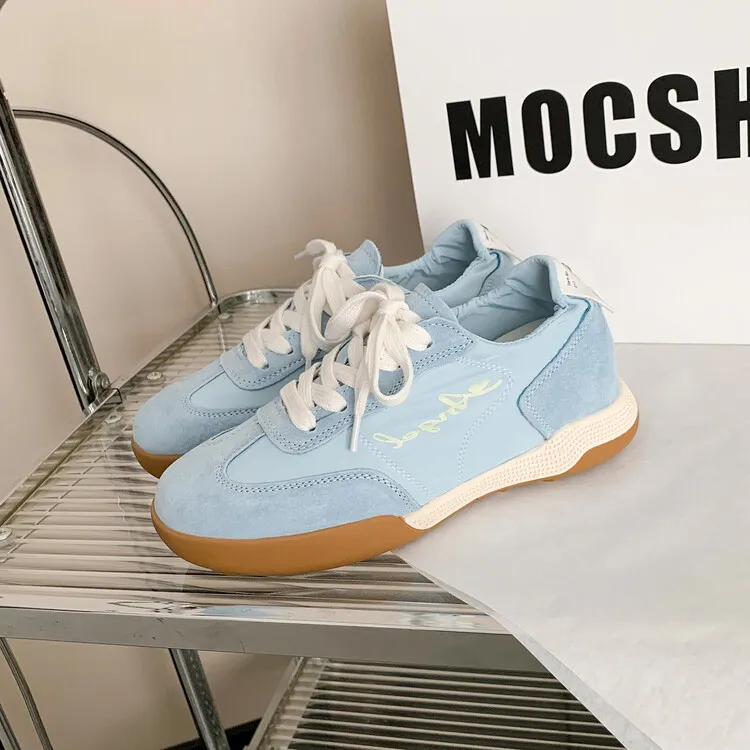 Gummy candy-colored autumn casual sneakers with hidden heel lift, round toe, color blocking, lace-up, women's shoes, 7-22f