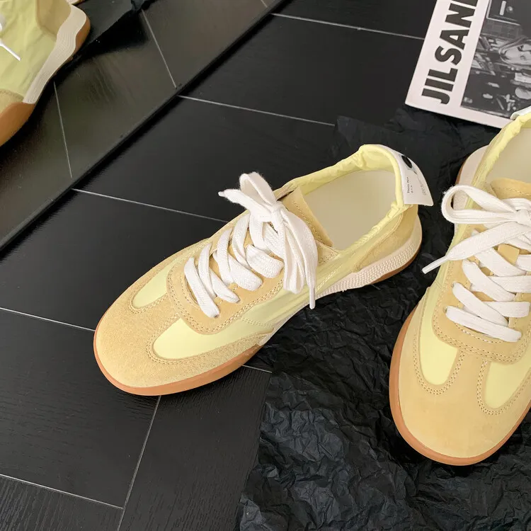 Gummy candy-colored autumn casual sneakers with hidden heel lift, round toe, color blocking, lace-up, women's shoes, 7-22f