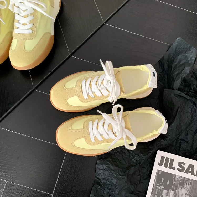 Gummy candy-colored autumn casual sneakers with hidden heel lift, round toe, color blocking, lace-up, women's shoes, 7-22f