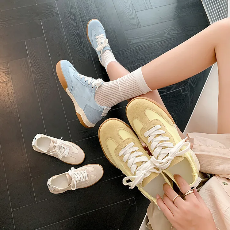 Gummy candy-colored autumn casual sneakers with hidden heel lift, round toe, color blocking, lace-up, women's shoes, 7-22f