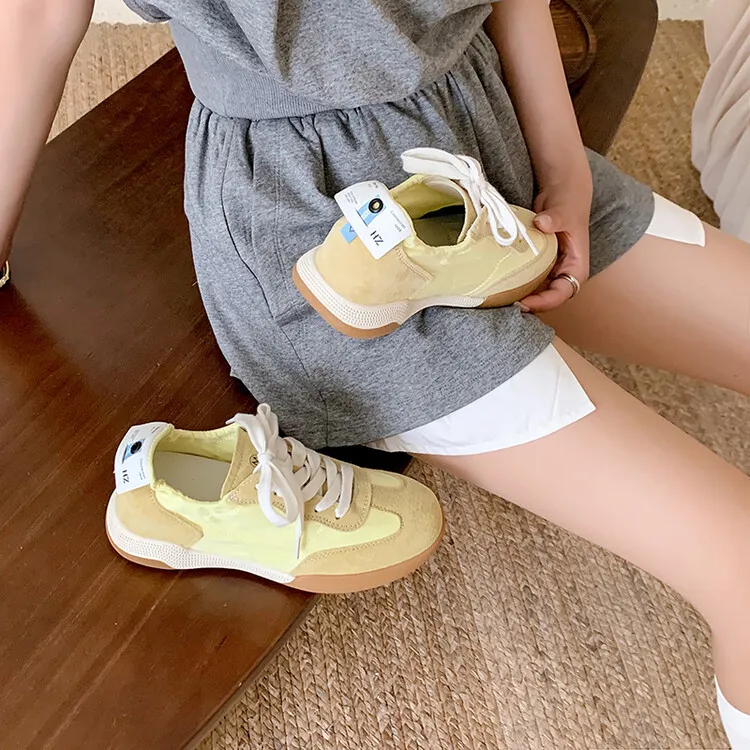 Gummy candy-colored autumn casual sneakers with hidden heel lift, round toe, color blocking, lace-up, women's shoes, 7-22f