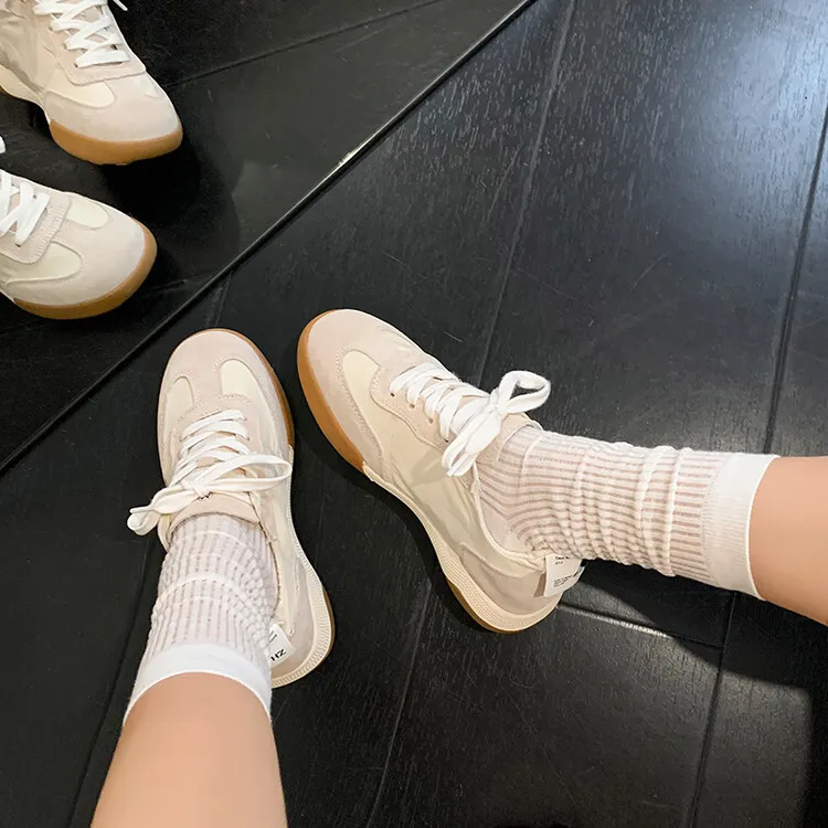Gummy candy-colored autumn casual sneakers with hidden heel lift, round toe, color blocking, lace-up, women's shoes, 7-22f