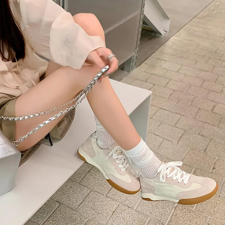 Gummy candy-colored autumn casual sneakers with hidden heel lift, round toe, color blocking, lace-up, women's shoes, 7-22f