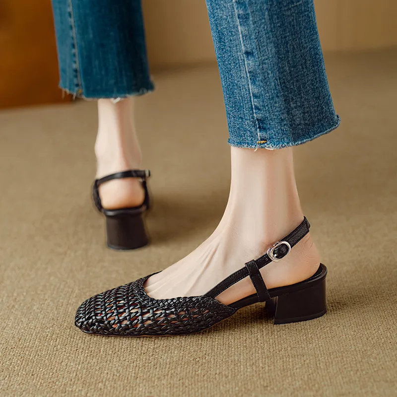 Summer fashionable chunky heel open back woven mesh women's shoes, stylish breathable hollow-out closed toe sandals