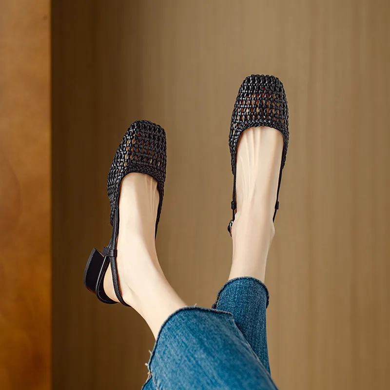 Summer fashionable chunky heel open back woven mesh women's shoes, stylish breathable hollow-out closed toe sandals