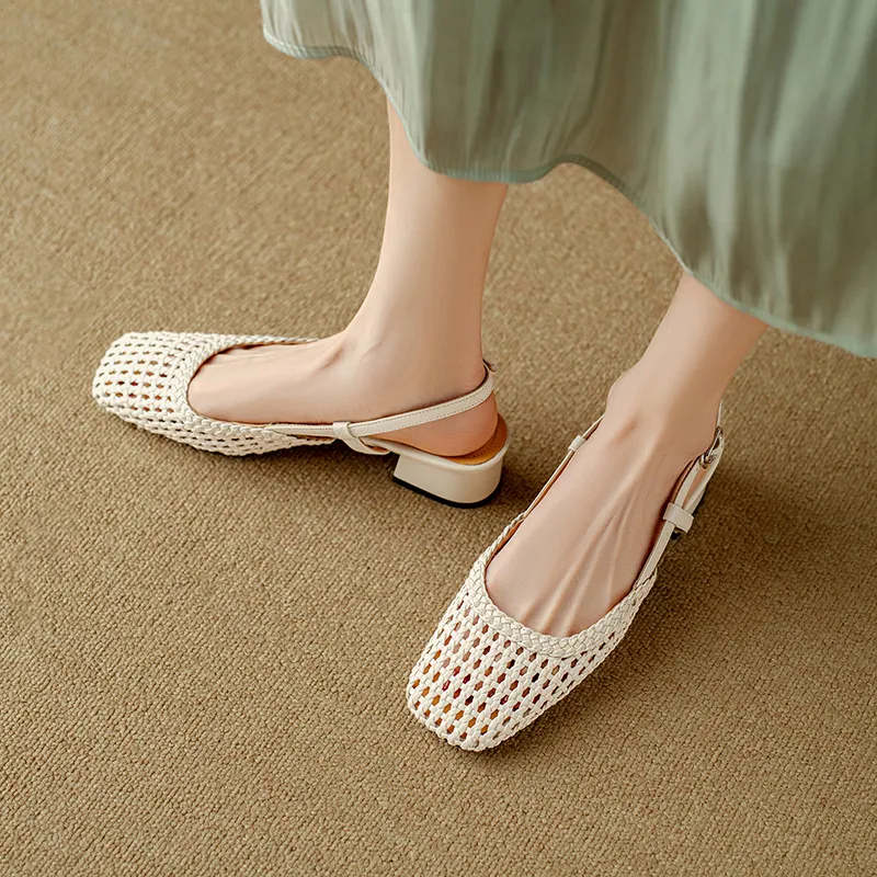 Summer fashionable chunky heel open back woven mesh women's shoes, stylish breathable hollow-out closed toe sandals
