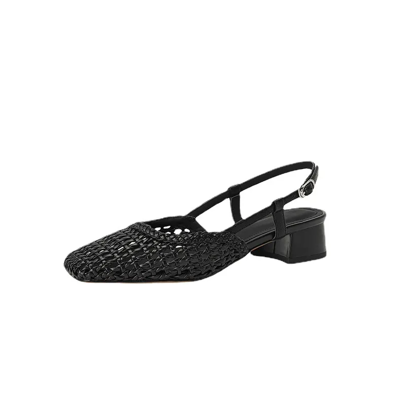 Summer fashionable chunky heel open back woven mesh women's shoes, stylish breathable hollow-out closed toe sandals