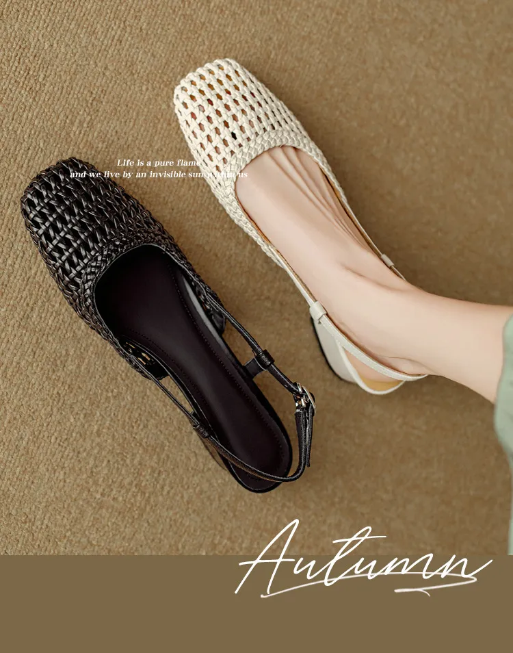 Summer fashionable chunky heel open back woven mesh women's shoes, stylish breathable hollow-out closed toe sandals